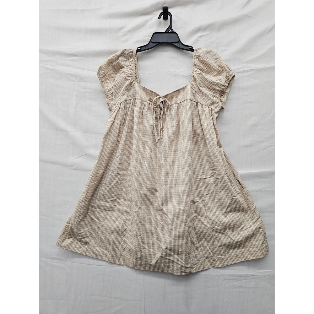 Wild Fable Womens Gingham Puff Sleeve Babydoll Top Tan Cotton Casual Size Large